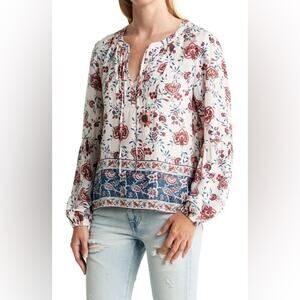 Lucky Brand Womens XS Burgundy Ivory BOHO Mixed Print Crepe Blouse Top